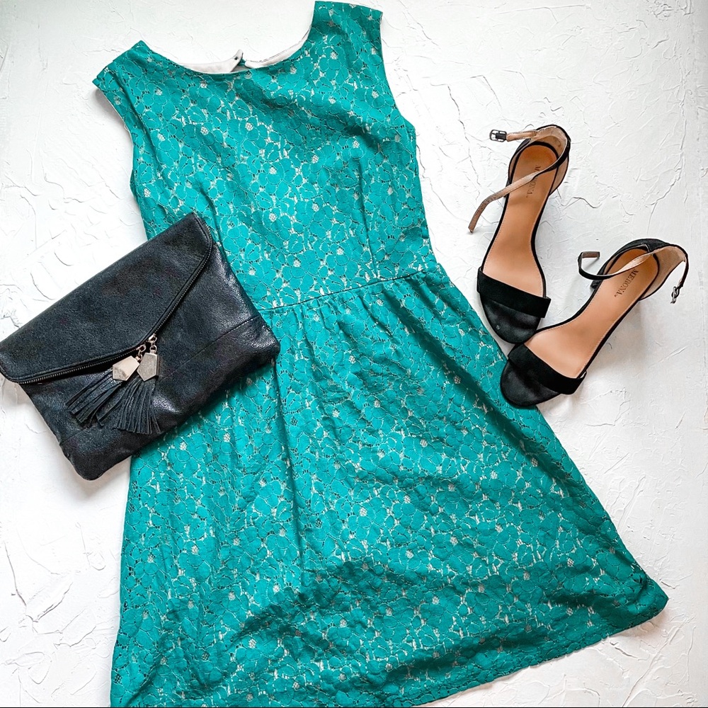 Teal blue green lace open back sleeveless A-line dress